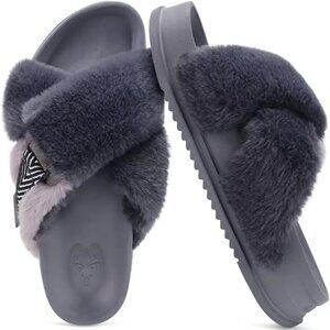 Women's Gray Fuzzy Faux Rabbit Furry Fur Cross Band Arch Open Slippers Shoes